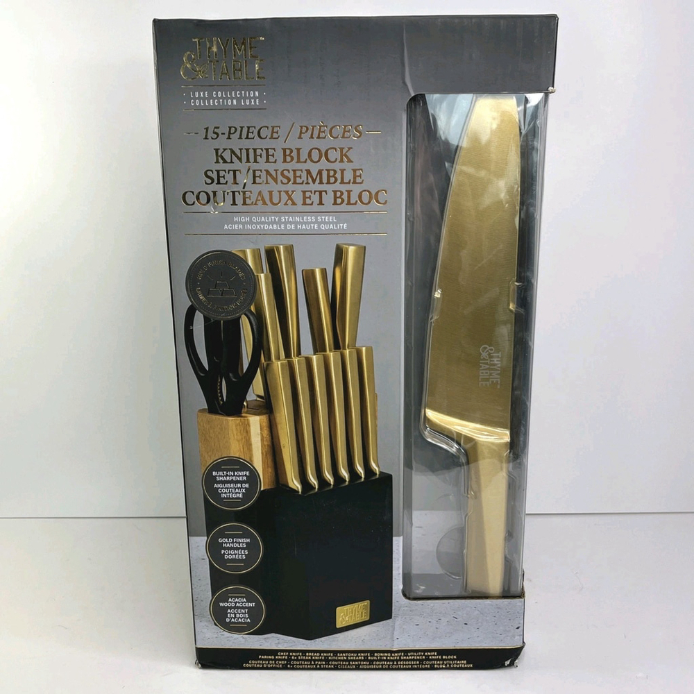 Thyme & Table 15 Piece Knife Block Set Built-in Knife Sharpener Gold Finish CN